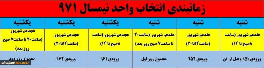 زمانبندی انتخاب واحد نیمسال 971