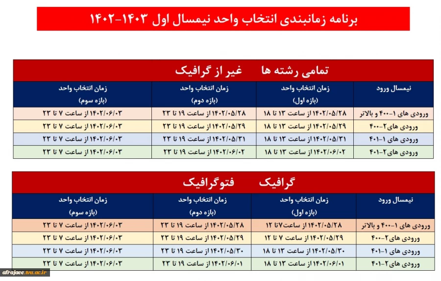 برنامه زمانبندی انتخاب واحد نیمسال اول 1403 - 1402 2
