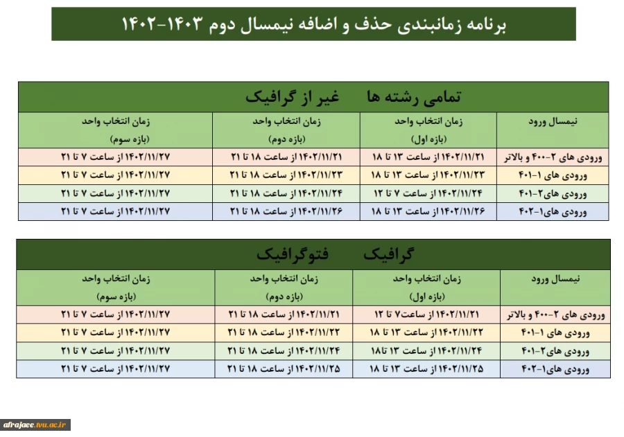 برنامه زمانبندی حذف و اضافه نیمسال دوم 1403-1402 2